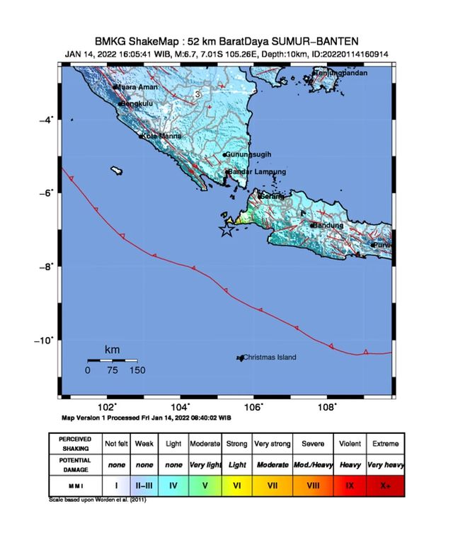 Peta Guncangan BMKG Gempa 14 Januari 2022