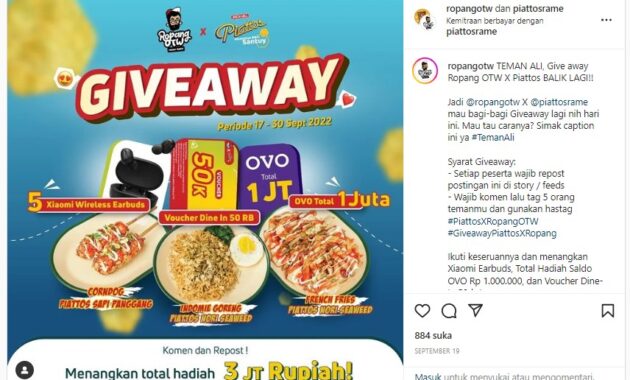 Contoh Giveaway Instagram Ropangotw dan Piattosrame Bekasi
