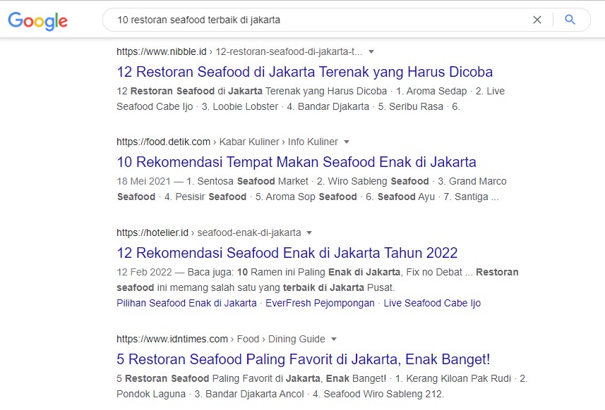 Hasil pencarian google 10 restoran seafood terbaik di jakarta